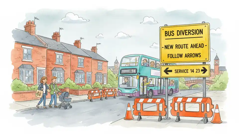 Bus diversion route sign on urban street with residential area and road work barriers visible