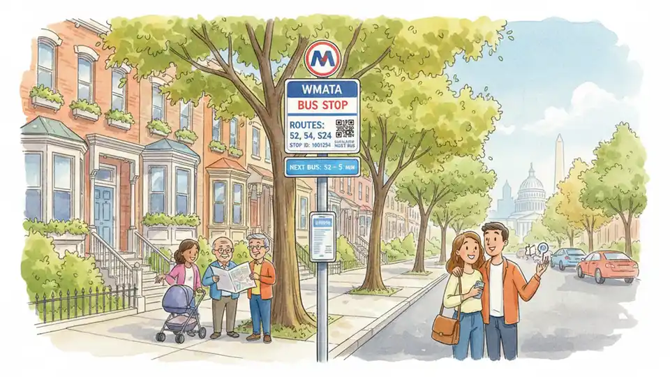 WMATA bus stop sign on New Hampshire Avenue NW with stop ID number visible and residential neighborhood in background