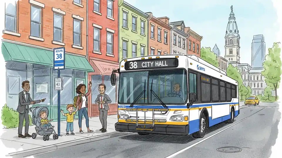 SEPTA Route 38 or 43 bus at bus stop with route number visible on front display