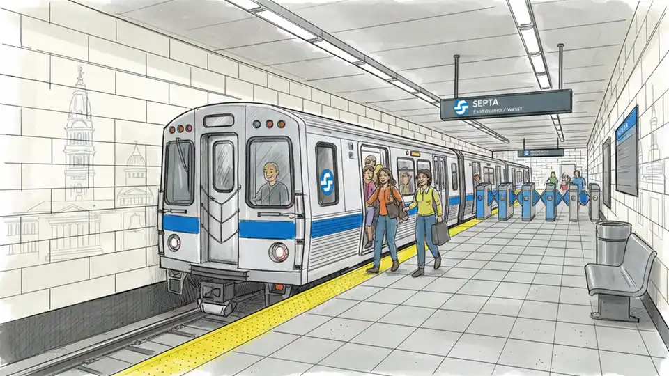 SEPTA subway train at underground station platform with fare gates visible