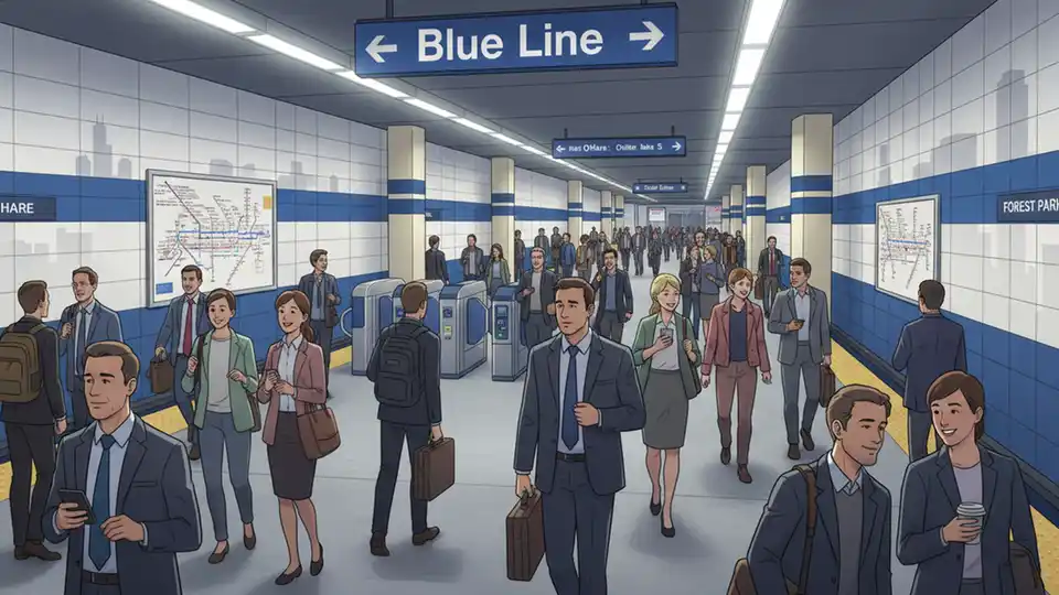 CTA Blue Line platform at Jackson, Monroe, Washington or Clark/Lake station showing directional signage, fare gates, and commuters during rush hour