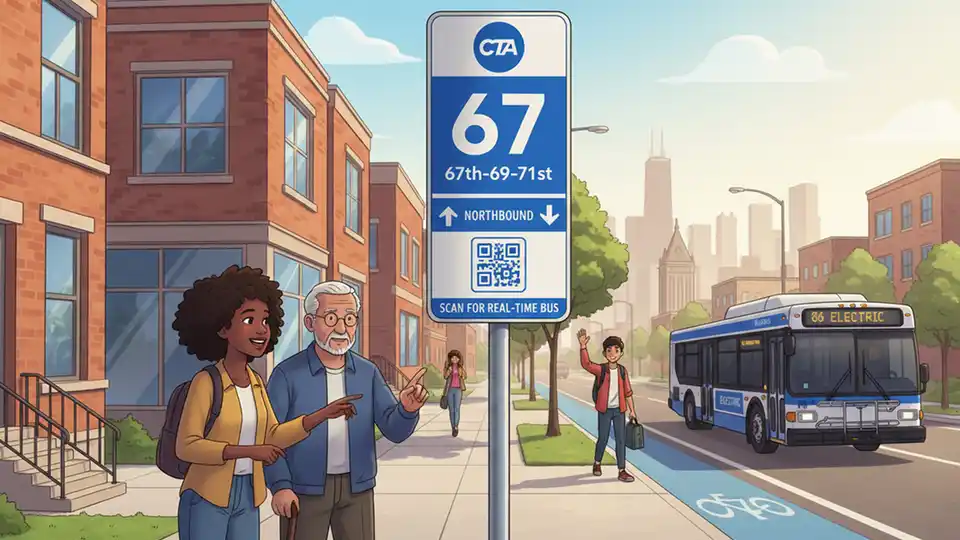 CTA bus stop sign showing route 67 service information on Chicago South Side
