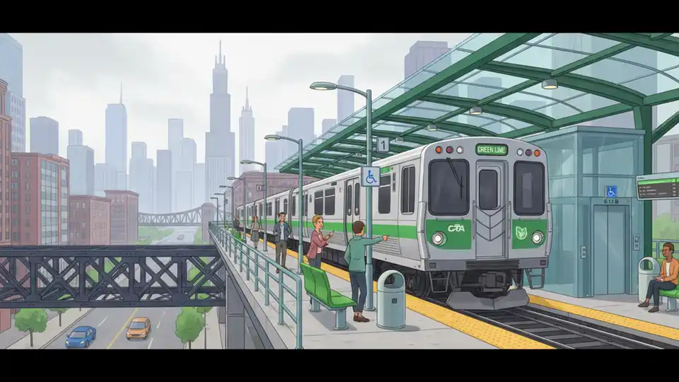 CTA Green Line train arriving at elevated station platform in Chicago with accessibility features visible
