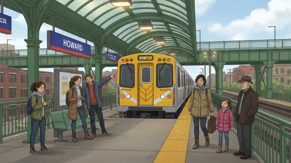 CTA Yellow Line train at Howard terminal station platform in Rogers Park with passengers waiting