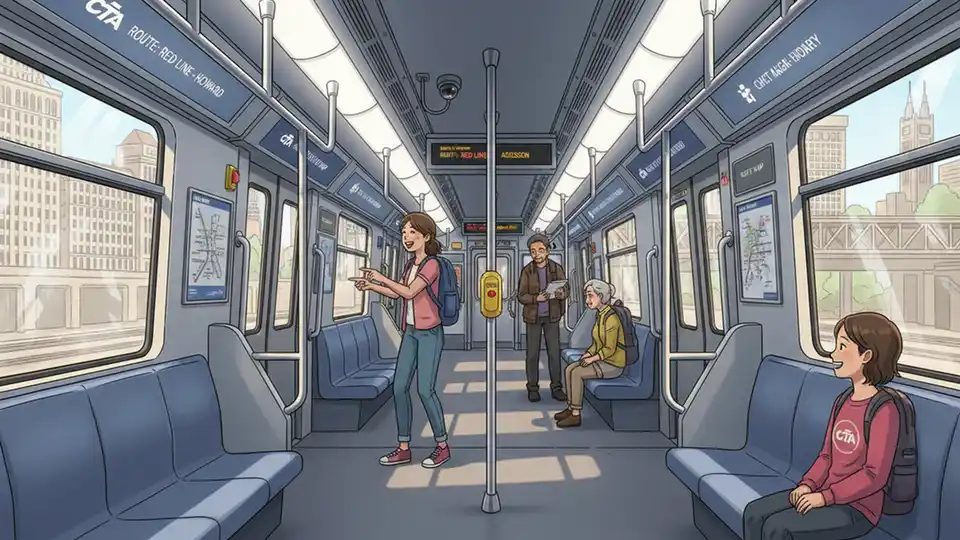 CTA Red Line train interior showing passenger seating area and safety features including emergency call buttons and surveillance cameras