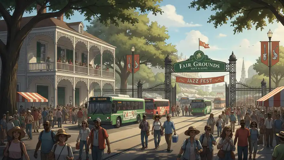 Fair Grounds Race Course entrance with festival attendees arriving via shuttle and public transit