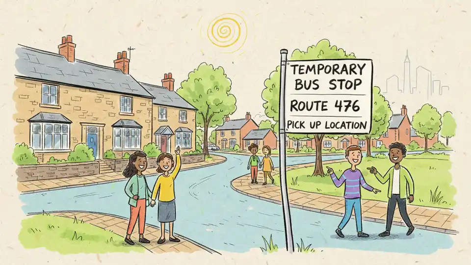 Temporary bus stop sign at street junction in Beal showing route 476 pickup location with residential street in background