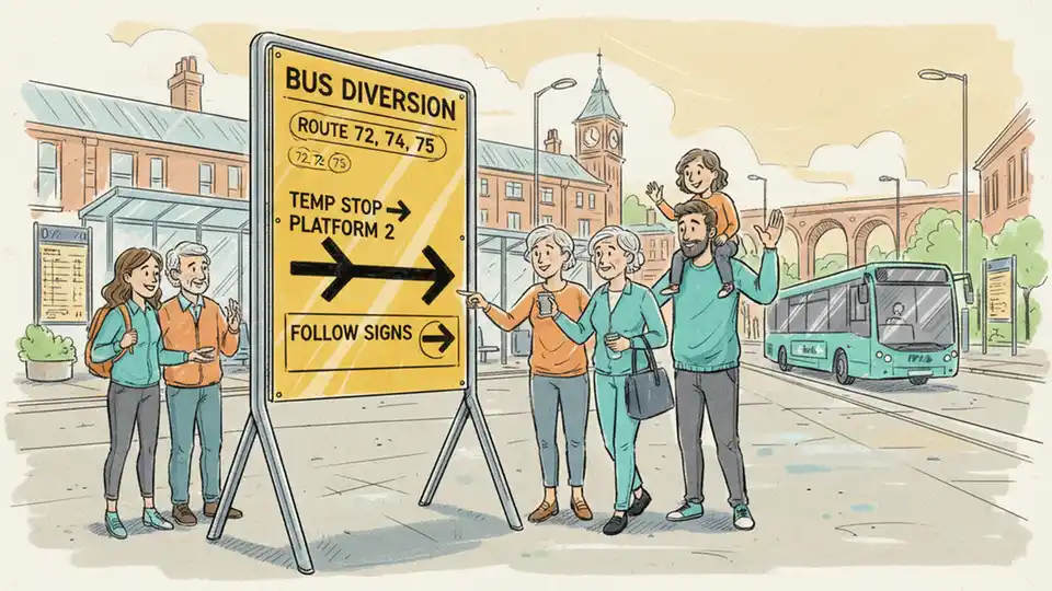 Bus route diversion sign displayed at transit station with directional information