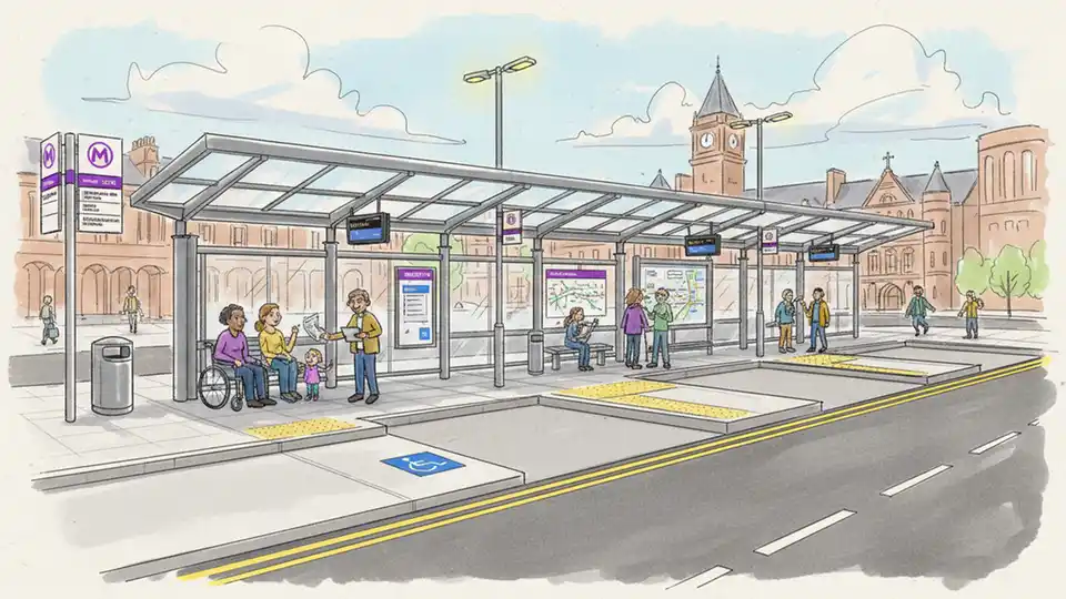 Modern bus station infrastructure showing accessible boarding area and passenger information displays in West Yorkshire