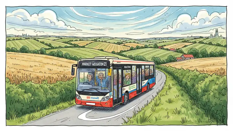 Rural bus on country road in East Yorkshire with farmland in background
