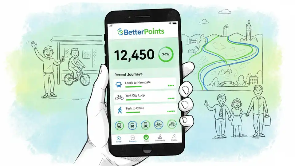 Mobile phone displaying the BetterPoints rewards app interface with transit journey tracking and points balance visible