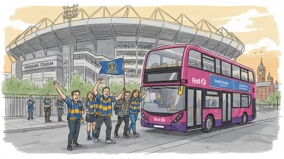 Leeds Rhinos fans boarding a bus near AMT Headingley Rugby Stadium with the stadium visible in the background