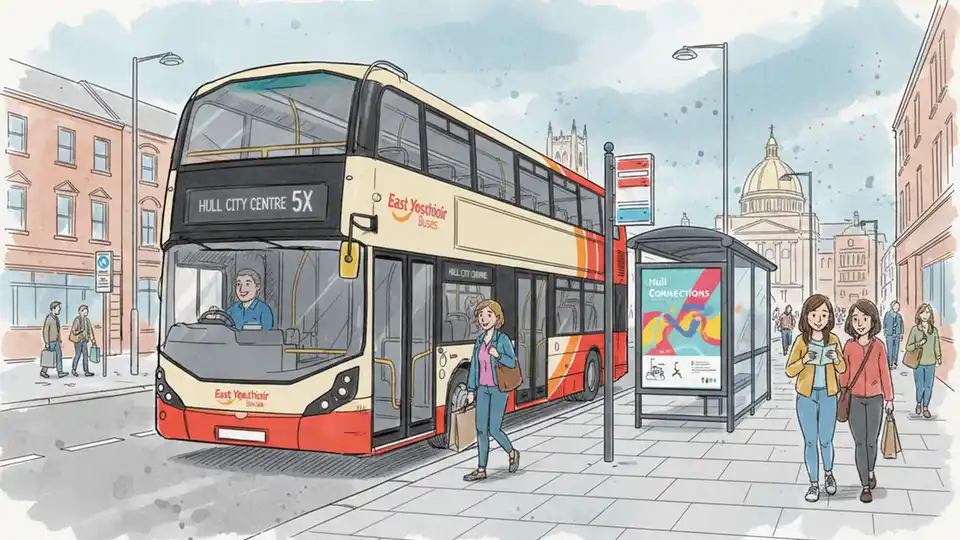 Hull bus on city street with passengers boarding, showing East Yorkshire Buses or Stagecoach vehicle at urban stop with shelter visible in background