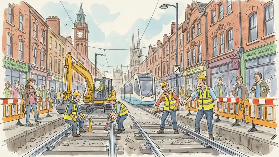 Tram tracks under construction with workers installing rail infrastructure in urban setting