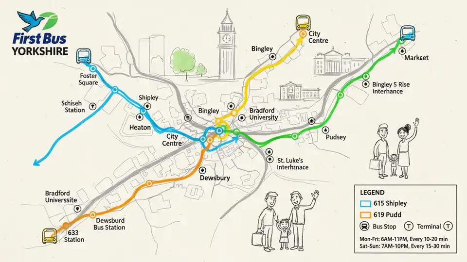 Bradford bus route map showing routes 615, 616, 619, and 633 service areas