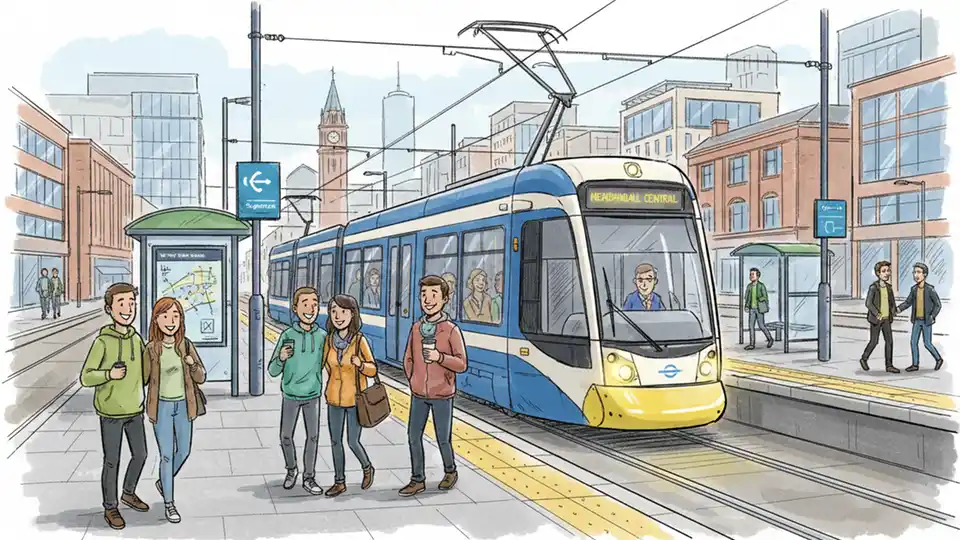 Sheffield tram at station platform with city buildings in background