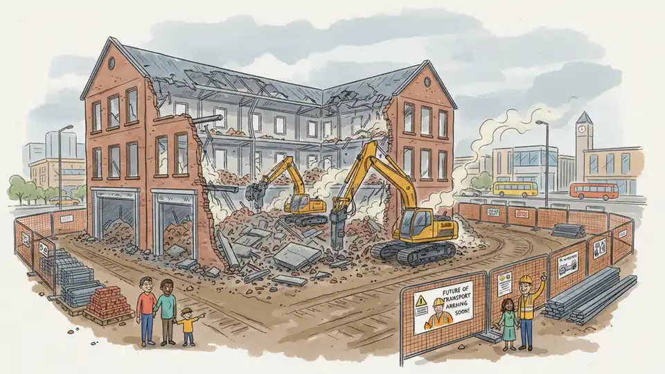 Construction site preparation for bus depot development, demolition of old transport buildings, Newton Bar Wakefield