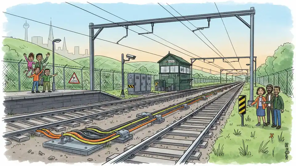 Railway signaling cables and infrastructure along tracks between Sheffield and Doncaster with security equipment visible