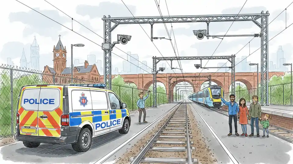 British Transport Police patrol vehicle near railway infrastructure with security camera system monitoring tracks