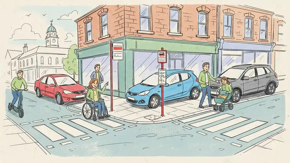 Cars illegally parked on pavement and corner blocking pedestrian crossing and bus stop in Batley town centre