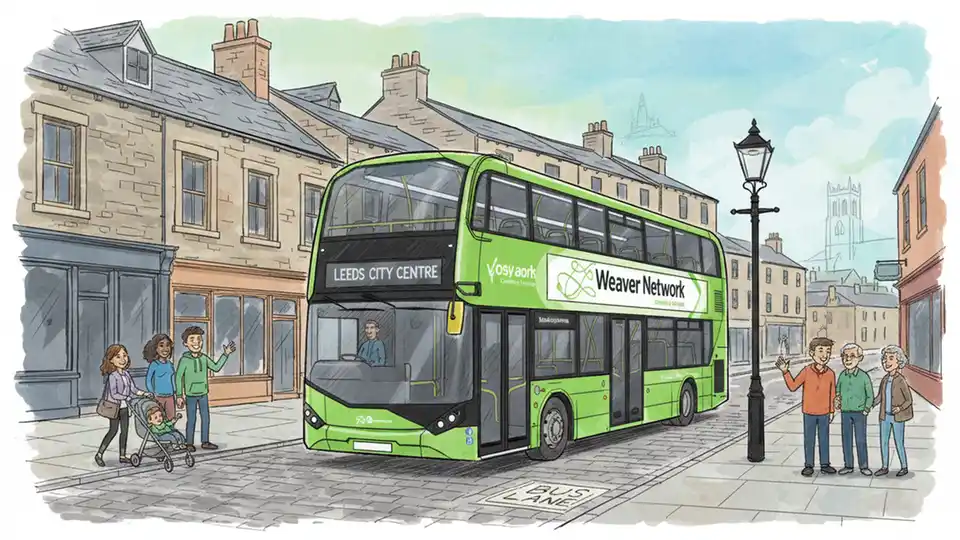 Modern green bus with Weaver Network branding on Yorkshire street