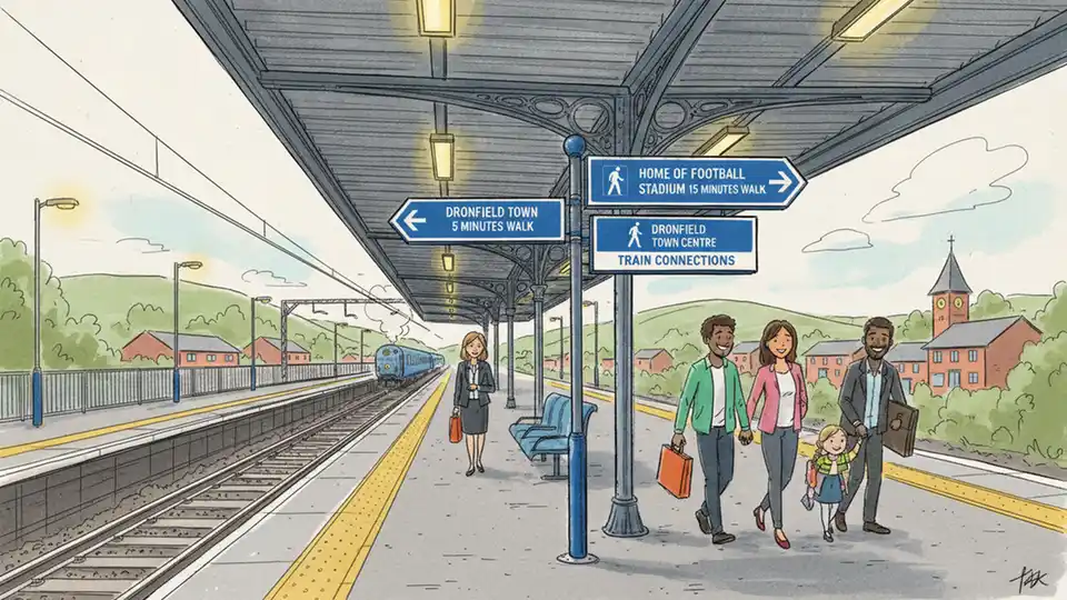 Dronfield train station platform with directional signage showing walking route to Home of Football Stadium