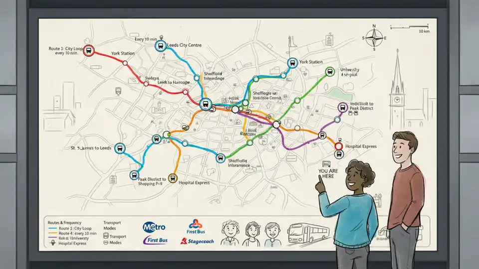 Bus route map display showing integrated transit network connections