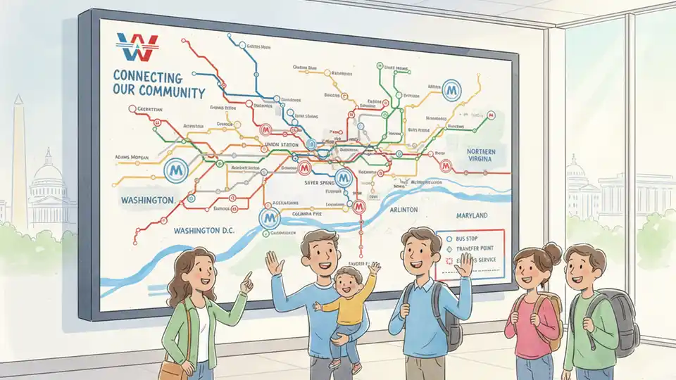 Transit system map display showing bus route network and connections
