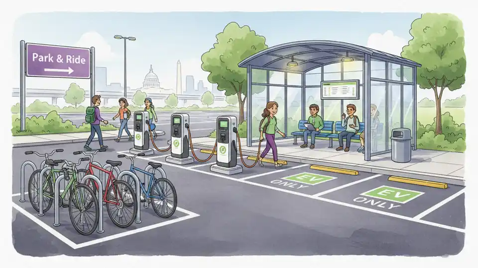 Park and ride facility showing bike racks, EV charging stations, and covered waiting area for transit riders
