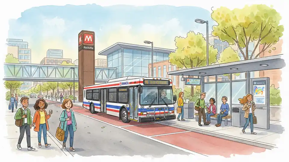 WMATA Metrobus at Rockville Station with passengers boarding, showing the station entrance and bus bay area