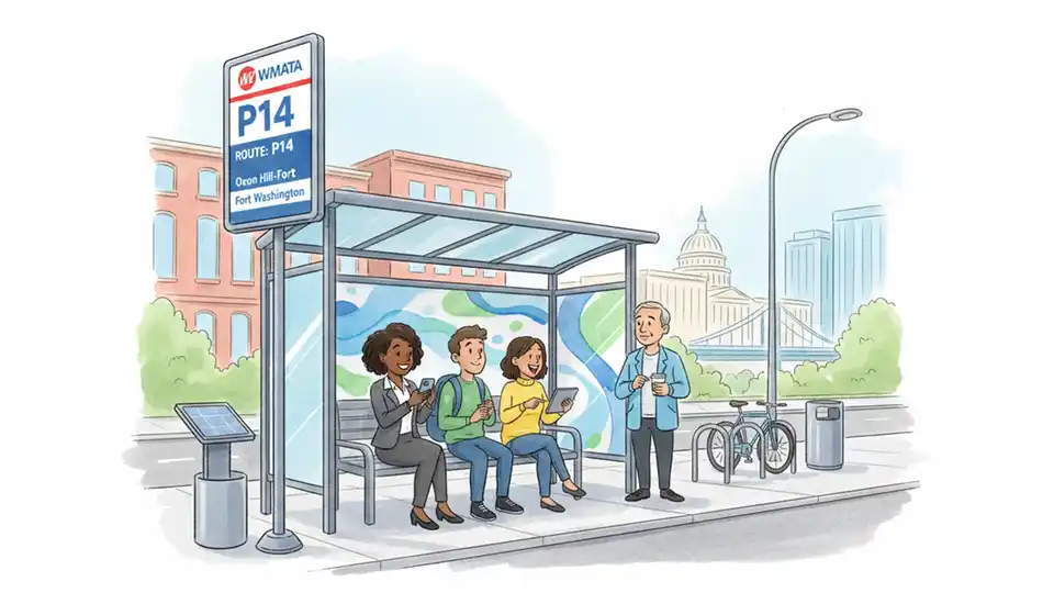 Metro bus stop sign for P14 route with passengers waiting at covered shelter