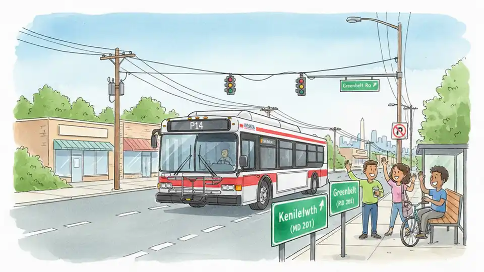 WMATA P14 bus on Kenilworth Avenue with street signs visible showing Greenbelt Road intersection