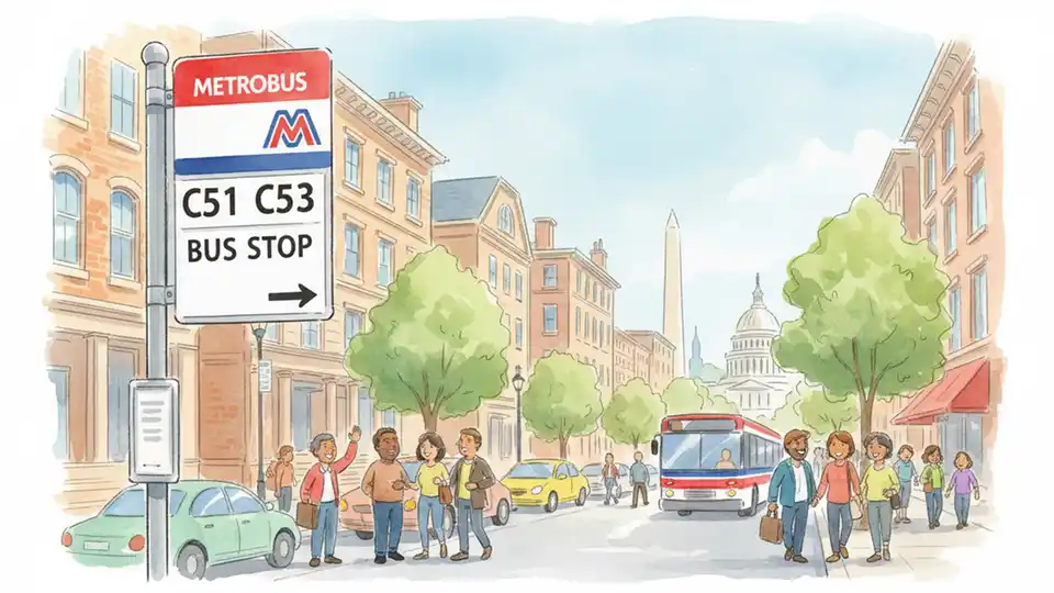 Close-up of WMATA Metrobus stop sign displaying C51 and C53 route information with DC street scene in background