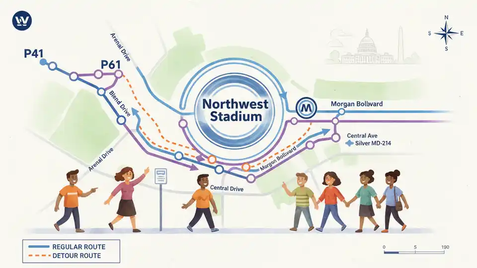 WMATA route map showing P41 and P61 bus lines with detour paths highlighted near Northwest Stadium area