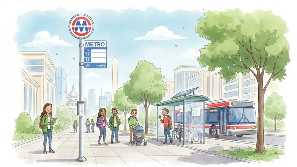 Metro bus stop sign showing multiple route numbers with downtown DC buildings in background