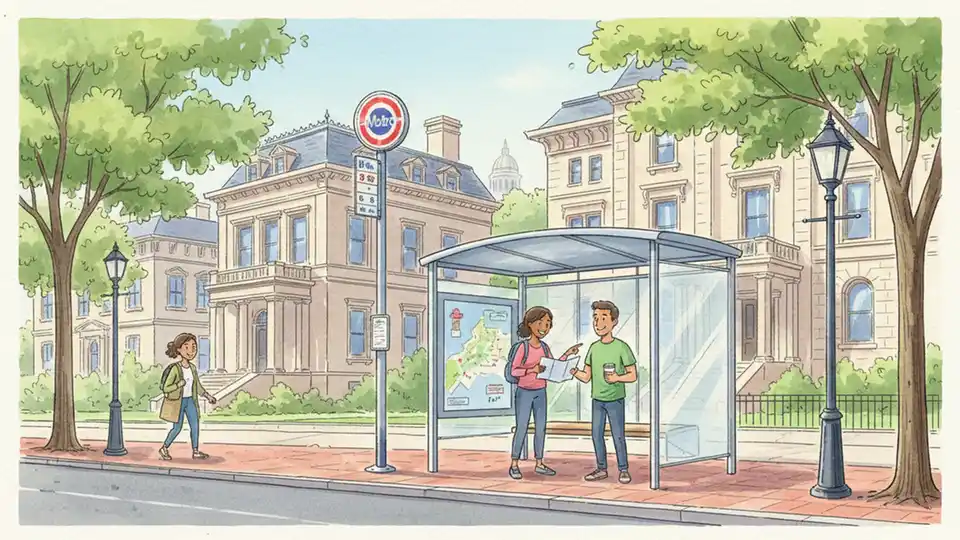 WMATA bus stop sign and shelter on Massachusetts Avenue NW with embassy district architecture, showing typical stop infrastructure and street furniture