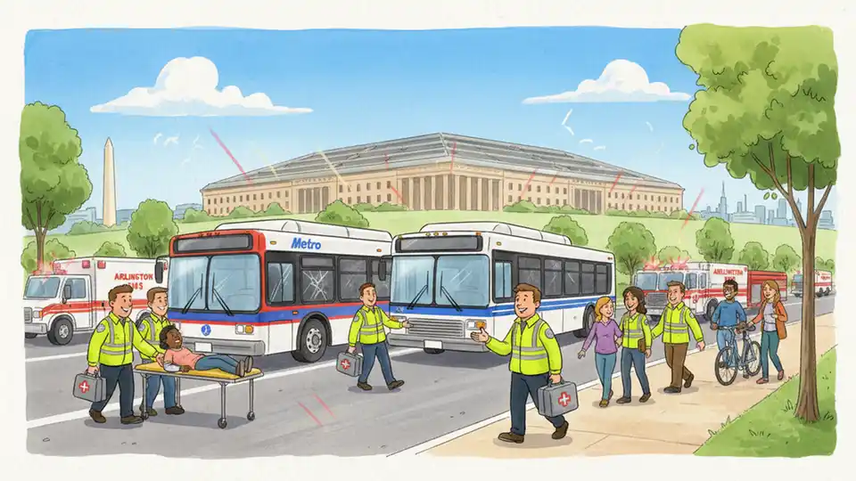 Emergency medical personnel assisting bus passengers near damaged transit buses with Pentagon in background