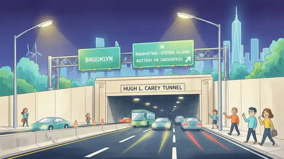 Hugh L. Carey Tunnel entrance at night with traffic lanes and overhead lighting visible