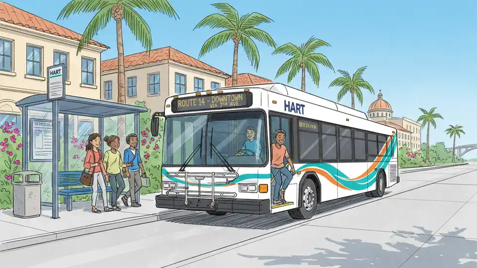 Tampa transit bus at urban stop with passengers boarding