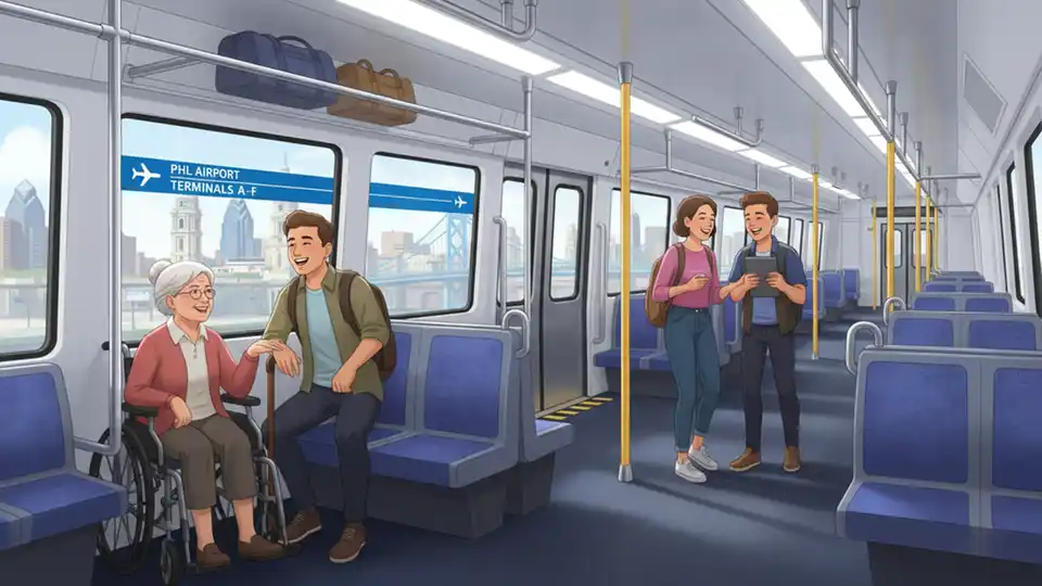 Interior of SEPTA Regional Rail car showing accessible seating area and luggage storage space with airport signage visible through windows