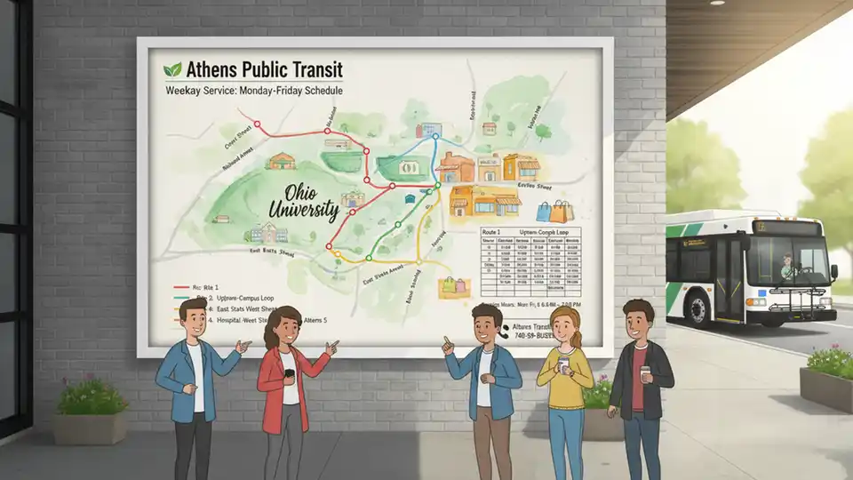 Public transit bus route map display showing weekday service schedule at Athens transit center