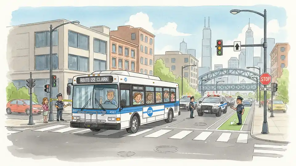 Chicago Transit Authority bus at urban intersection with police activity visible in background