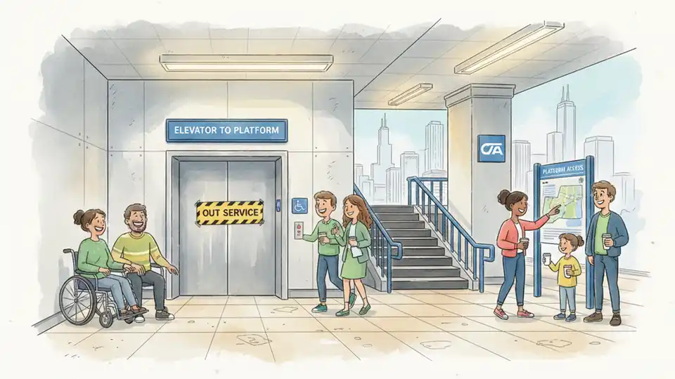 CTA station elevator with out-of-service sign and accessibility symbol, showing typical Chicago transit station interior with platform access stairs nearby