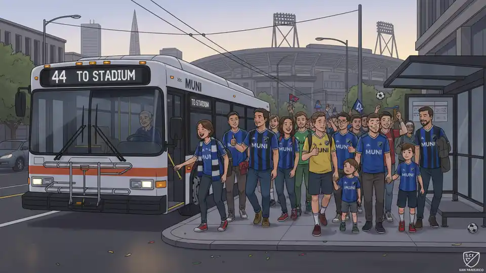 Soccer fans boarding San Francisco Muni bus near stadium with team jerseys and transit-themed apparel
