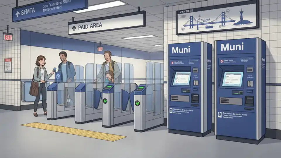 SFMTA fare gate and ticket vending machine at Muni Metro station entrance