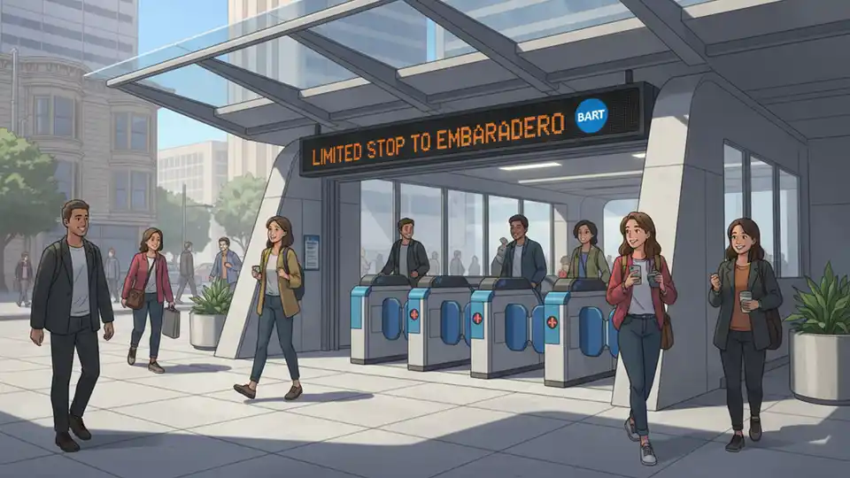 BART station entrance with digital sign displaying Limited Stop to Embarcadero service information