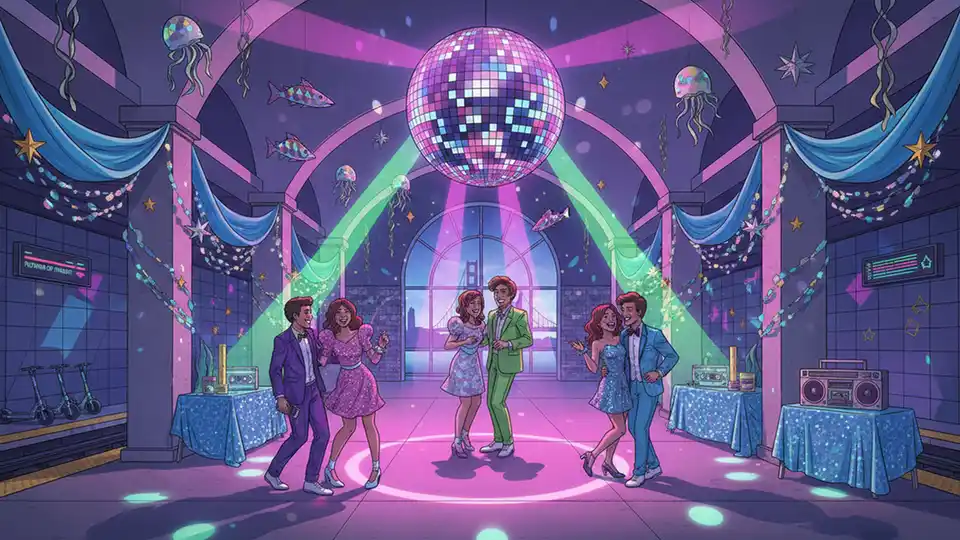 1980s themed prom decorations with under-the-sea elements, disco ball, and colorful lighting setup at transit station event