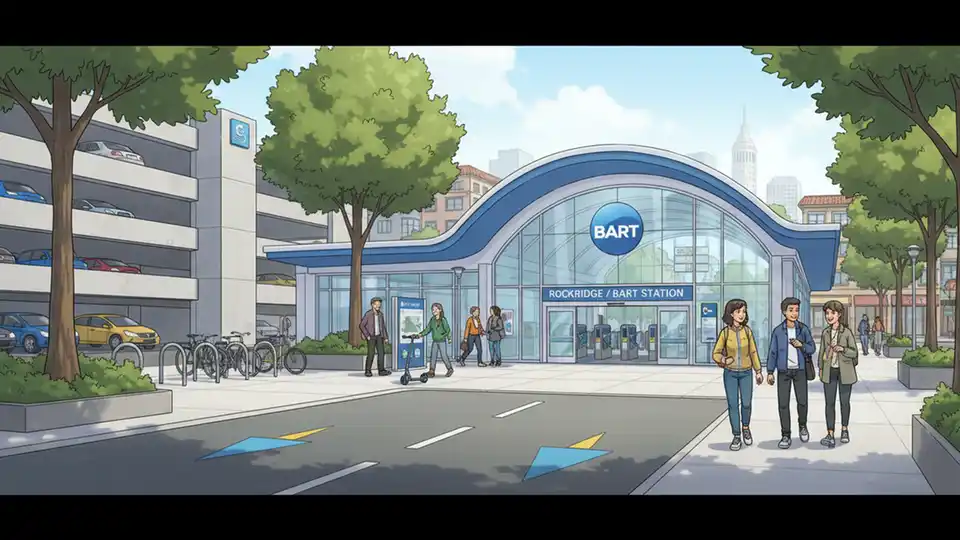 BART Rockridge Station exterior with parking lot visible, showing station entrance and surrounding area in Oakland