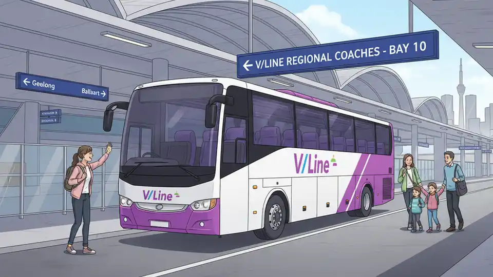 Coach bus at Southern Cross Station coach terminal on Spencer Street with V/Line branding