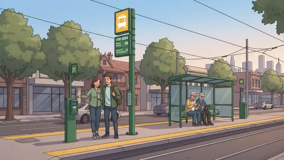Tram stop sign and platform on Barkers Road Melbourne showing stop number and route information